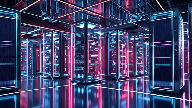 Futuristic Data Center with Neon-Glowing Server Racks and High-Tech Cloud Computing Infrastructure in a Cyber Network Environment

