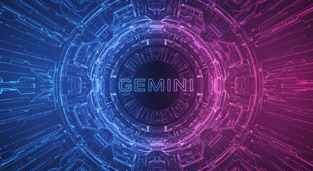 Obraz premium Cosmic Gemini: A captivating digital artwork showcases the Gemini zodiac sign illuminated in an intricate cyberpunk aesthetic, utilizing a vivid palette of blue and purple hues. 