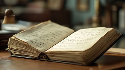 Fototapeta premium An Open Financial Ledger Filled With Handwritten Notes on a Blurred Desk