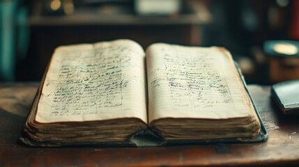 Obraz premium Close-Up View of a Financial Ledger with Handwritten Annotations and Blurred Background