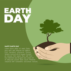 Happy earth day. Ecology concept. Design with an image of a hand carrying earth and a tree on it