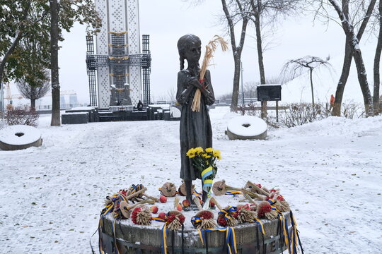 The Holodomor Memorial during the first day of snow. winter 2023 2024. Kiev, Ukraine - November 22, 2023. 