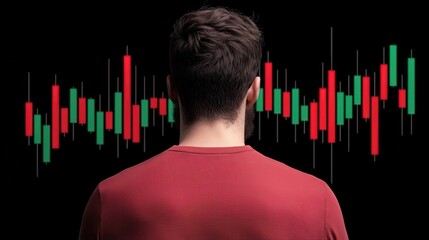 A person observes a financial chart with red and green candlesticks, indicating stock market trends and trading activity.
