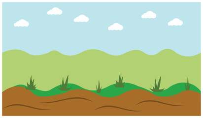 Fototapeta premium sugar cane field with blue sky. flat style illustration hills with fertile and beautiful fields. Design elements illustration of beautiful natural scenery