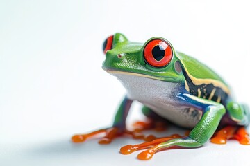 Fototapeta premium Close-up of a vibrant red-eyed tree frog on a white surface with orange droplets, showcasing its vivid colors