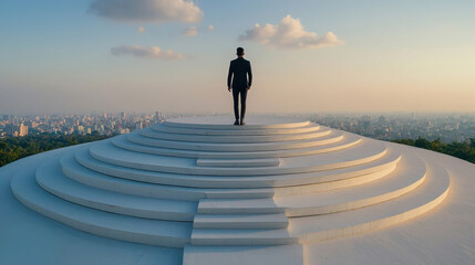 Businessman climbing the stairs to success concept with city background