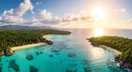Aerial View of Tropical Beach with Turquoise Water and Lush Green Landscape