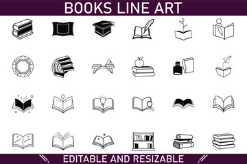 Editable Resizable Book Line Art Icons Reading, Knowledge, Education