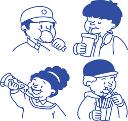 A set of playful cartoon character illustrations enjoying fast food and drinks