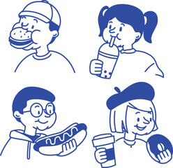 A set of playful cartoon character illustrations enjoying fast food and drinks