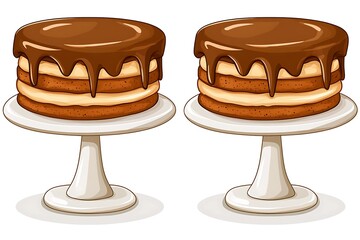 Two cakes with chocolate icing on stands, sweet dessert