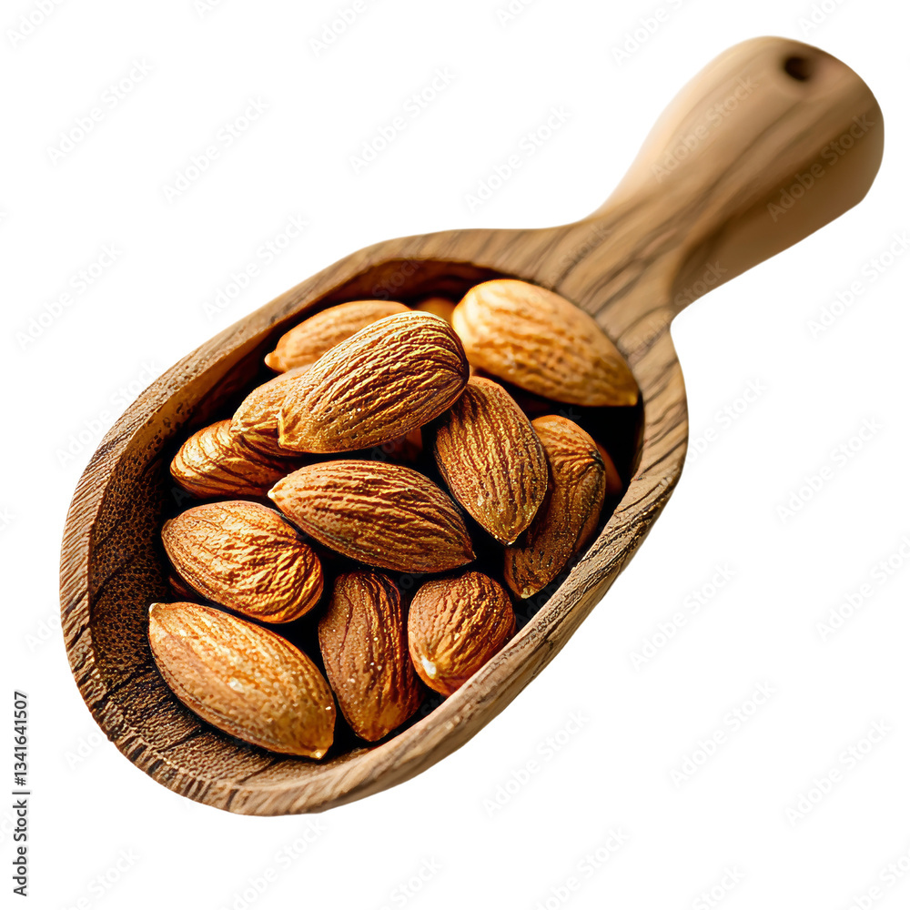 Poster A closeup view of almond nuts in a wooden scoop, isolated on a transparent background, made using Generative Ai