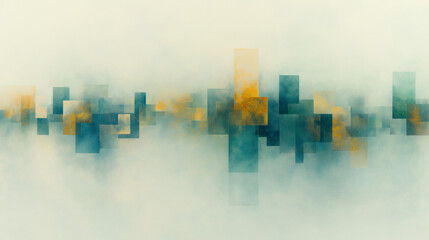 Fototapeta premium Cityscape Abstraction: An abstract representation of a cityscape, featuring overlapping rectangles and squares in shades of blue and gold, creating a modern and artistic impression.