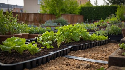 A Vibrant Vegetable Garden Thriving in an Urban Backyard Oasis with Lush Greenery and Healthy Crops
