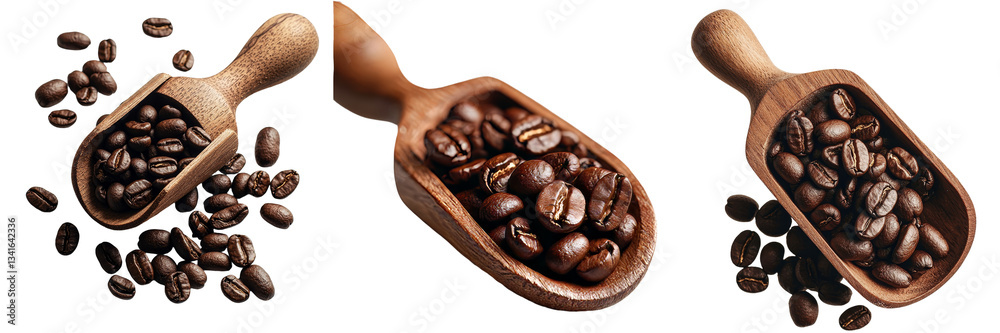 Poster Generative Ai has created an image of coffee beans in a wooden scoop isolated on a transparent background