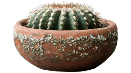 Barrel cactus with sharp spines sits inside a terracotta pot
