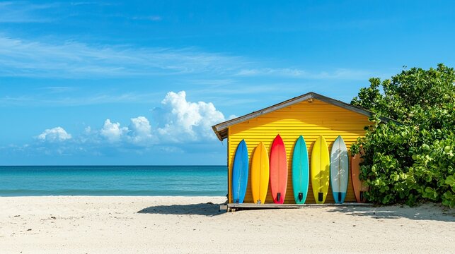 A bright beach shack with colorful surfboards against a blue sky.