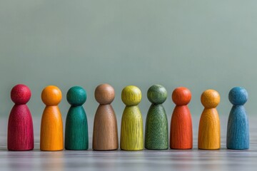 Colorful Wooden Figures Representing Diversity and Unity with Different Shapes and Sizes