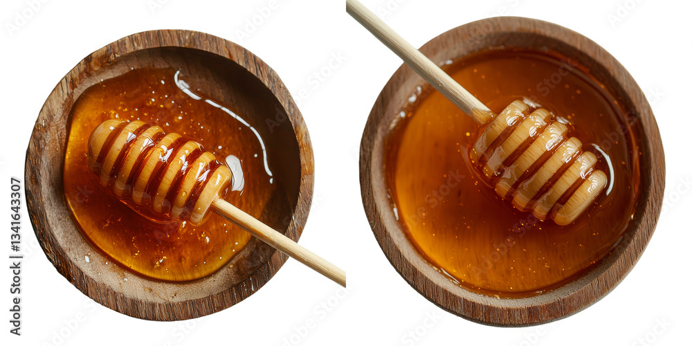 Poster Generative Ai has produced an image of honey in a bowl, complemented by a wooden stick, isolated on a transparent background