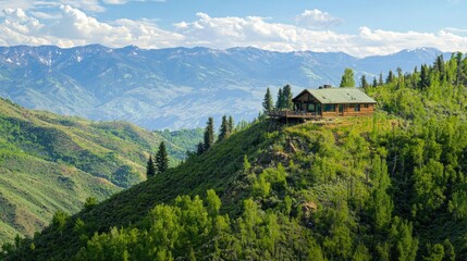 A cabin perched on a hillside with a panoramic mountain view