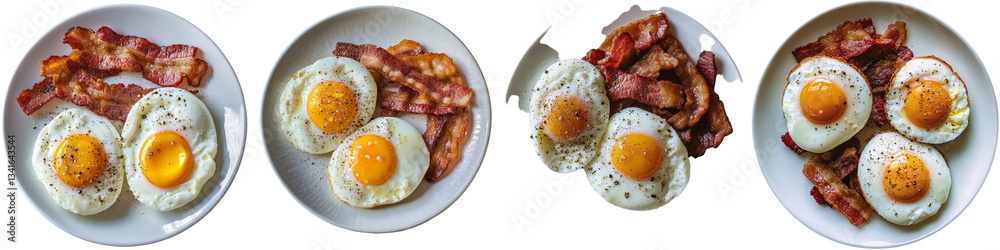 Poster on a transparent background, a white plate holds fried eggs and bacon, all generated using generativ