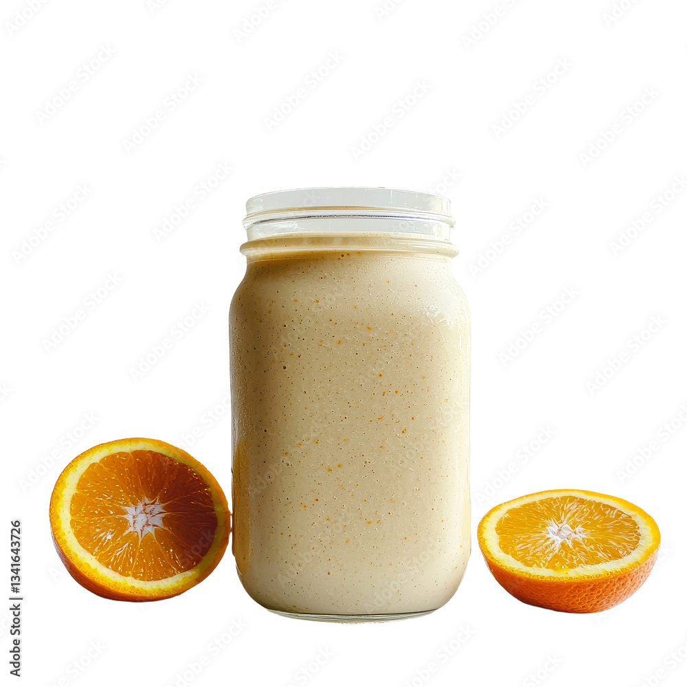 Poster Generative Ai has created an image of a glass jar with an orange smoothie, isolated on a transparent background