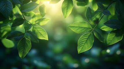 Sunlight filtering through vibrant green leaves, creating a natural, tranquil scene.