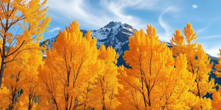 Golden aspen leaves clinging to Mount Sneffels' slopes under a crisp autumn sky, photography, majestic