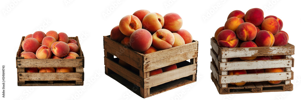 Poster isolated on a transparent background is a wooden crate filled with peaches, created by generative ai