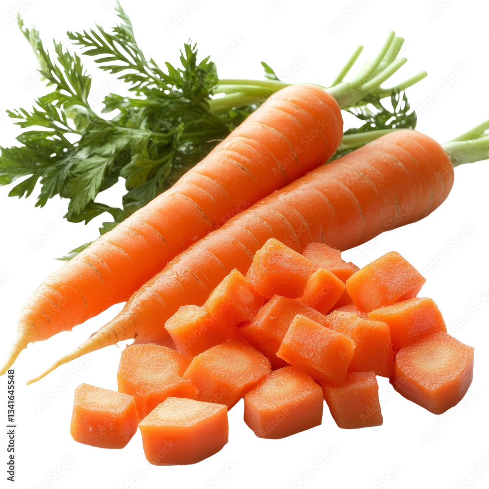 Poster Isolated on a transparent background is a fresh carrot and its slices, generated using stock techniques