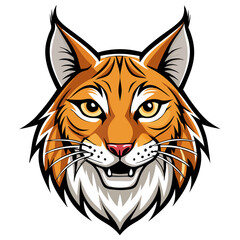 a close-up illustration of a lynx head, full of character and detail. The lynx has a fierce expression with striking yellow eyes and sharp teeth.