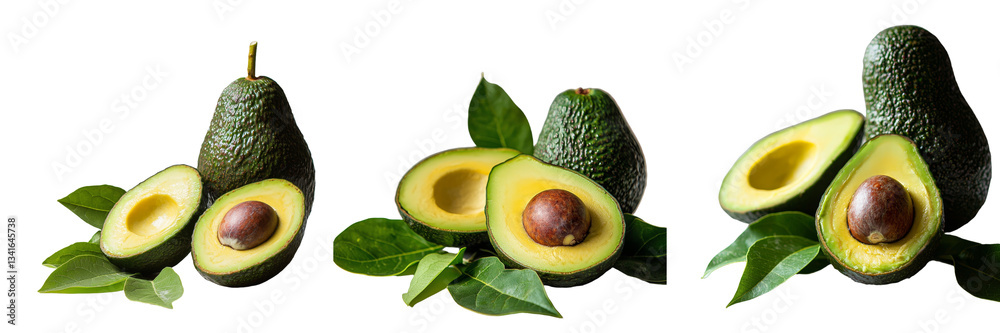 Poster an image of a cut avocado with green leaves, isolated on a transparent background, has been generate