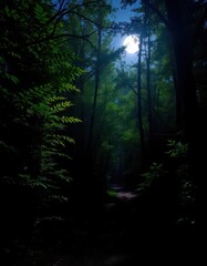 Fototapeta premium Narrow, twisting path cuts through dense, dark forest, moonlight filtering through leaves, route, mysterious