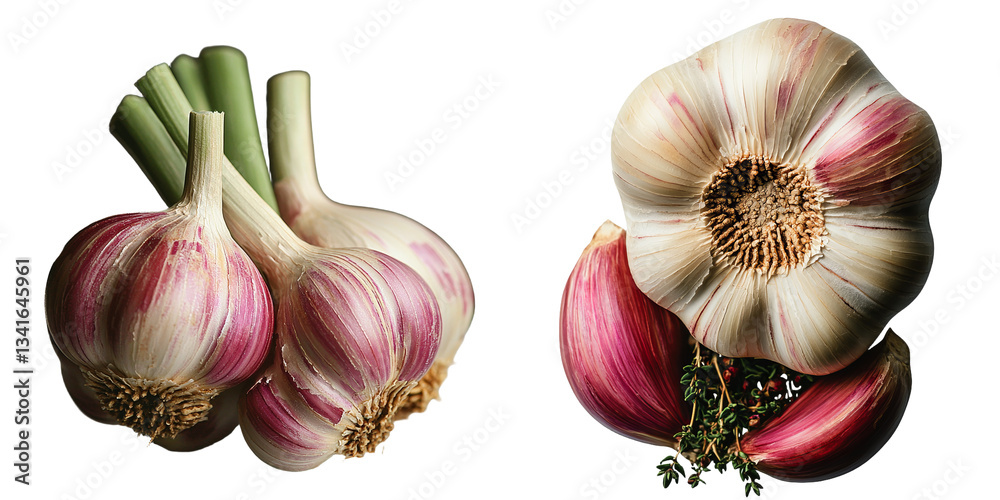 Poster on a transparent background, an isolated garlic clove and bulb, made with the help of generative ai