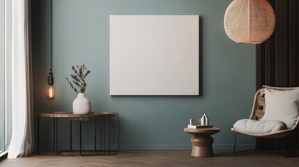 A blank canvas hanging above a small console table near the entrance of a modern furniture store