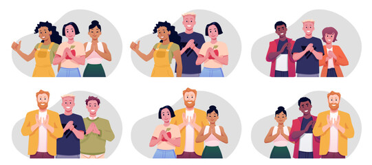 Vector set of illustrations of male and female characters clapping and showing thumbs up.