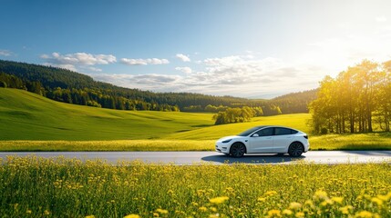 A white electric vehicle cruising on a scenic road through vibrant green and yellow fields with rolling hills and forest backdrop under sunny sky