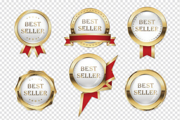 Gold and red Best Seller badge and emblem with ribbons, glass lens and gold elements, vector (EPS) illustration set on transparent background