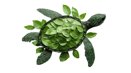 Green turtle covered in leaves on a black background