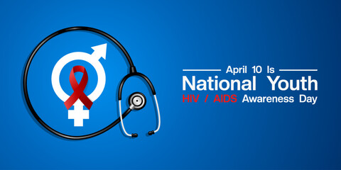 10 April is National Youth Hiv Aids Awareness Day. Stethoscope, gender icon and ribbon. Great for posters, banners, social media and more. Blue background.