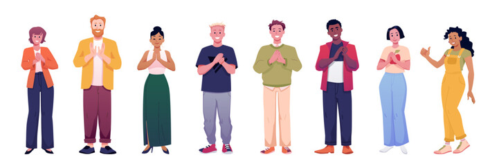 Illustration of happy characters, men and women, clapping hands and giving thumbs up.