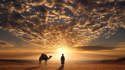 Desert Landscape at Sunset with Silhouetted Camel and Nomadic Figure Against a Dramatic Sky