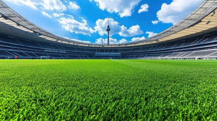 Fototapeta premium A vibrant football stadium with a lush green field under a bright blue sky and scattered clouds, showcasing a grand and inviting atmosphere for sports events.