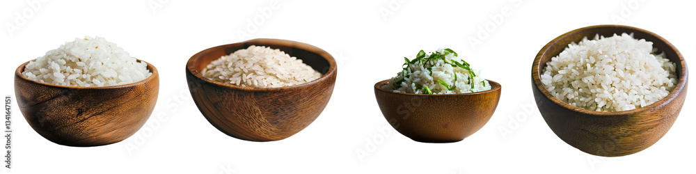 Poster an image of rice in a wooden bowl, isolated on a transparent background, is generated using ai techn