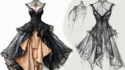 Fototapeta premium A mystical fusion of gothic style and fine cheeses manifests in an avant-garde fashion croquis, where aged cheddar forms corsets and soft-ripened brie cascades into an ethereal train. 