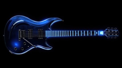Obraz premium A blue modern rock guitar with an aggressive body shape and glowing fret markers