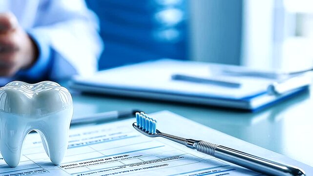 A dentist explaining a dental care regimen to a patient, showing a dental care chart and toothbrush.