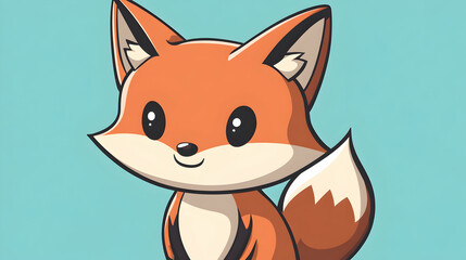 Obraz premium A close-up digital illustration of a cute cartoon fox head with orange and white fur, black ear outlines, and a happy, smiling expression. 