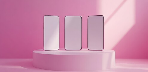 Three White Frameless Mobile Phones Displayed on Pink Pedestal Against a Gradient Pink Backdrop With Subtle Shadow Light