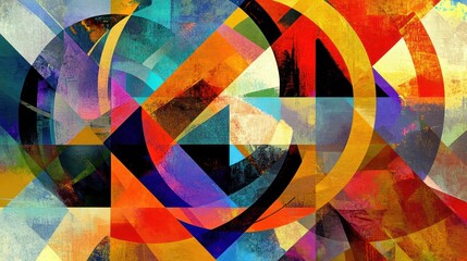 Obraz premium A bold abstract geometric design with overlapping triangles and circles in vibrant colors